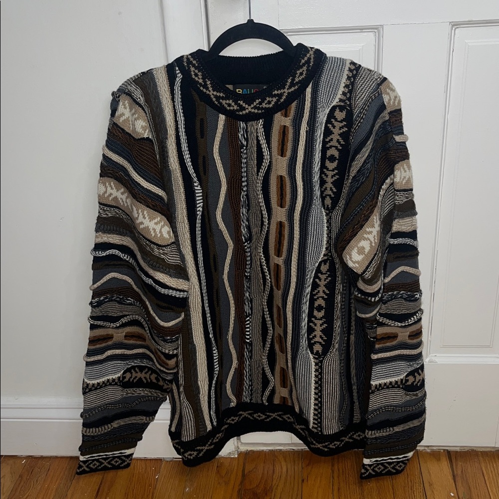 VINTAGE Baucci Sweater Brown Tan Cream Mens XL Textured 90s Y2K Biggie Cosby - Picture 7 of 8